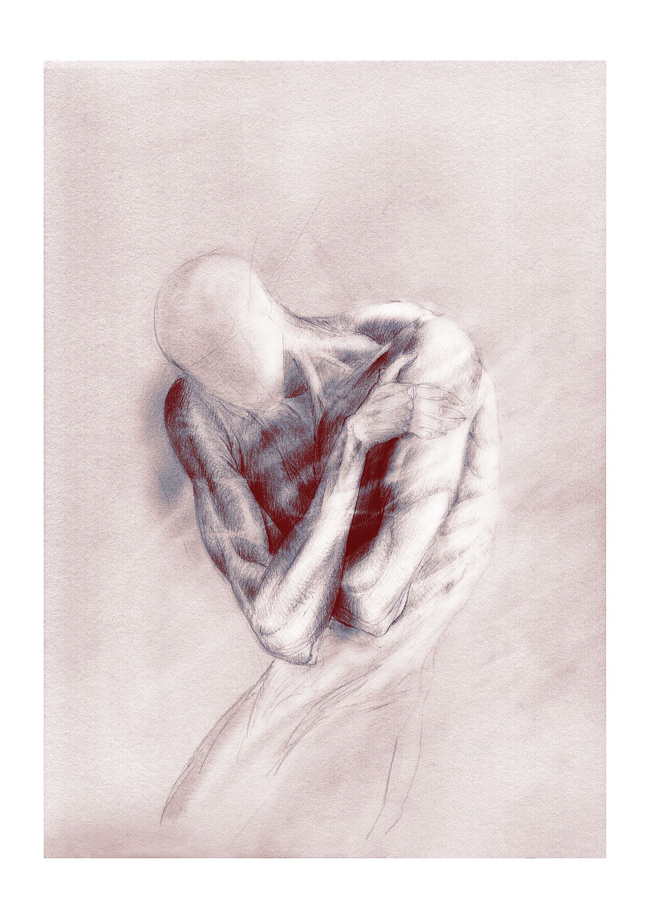 Graphite anatomy drawing of a figure containing itself, psychological art print