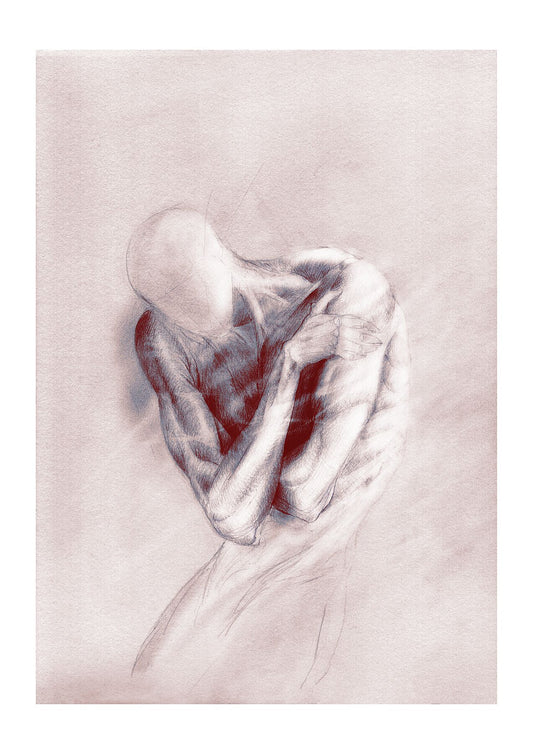 Graphite anatomy drawing of a figure containing itself, psychological art print