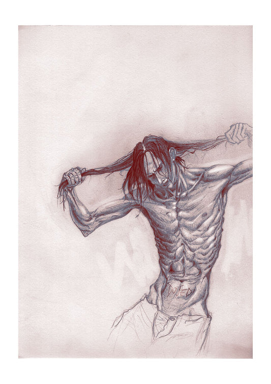 Human anatomy drawing of a twisting figure pulling hair, expressive graphite art print