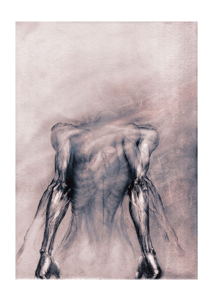 Human anatomy drawing of a bent figure, expressive graphite figure drawing print