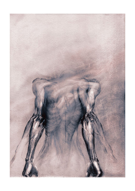 Human anatomy drawing of a bent figure, expressive graphite figure drawing print