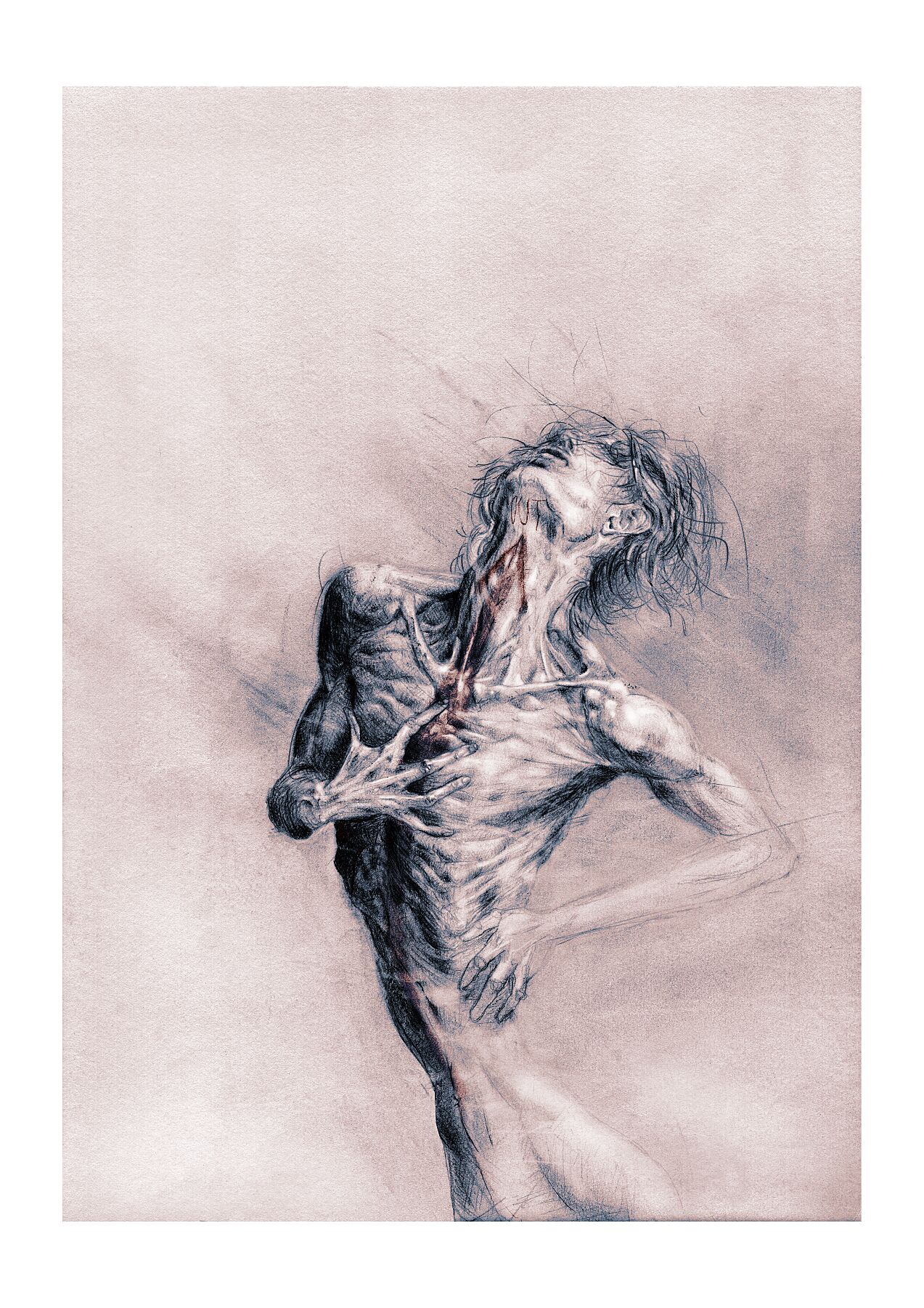 Expressive human figure drawing of a collapsing body, graphite anatomy art print