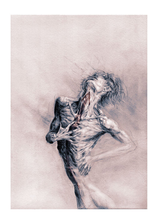 Expressive human figure drawing of a collapsing body, graphite anatomy art print