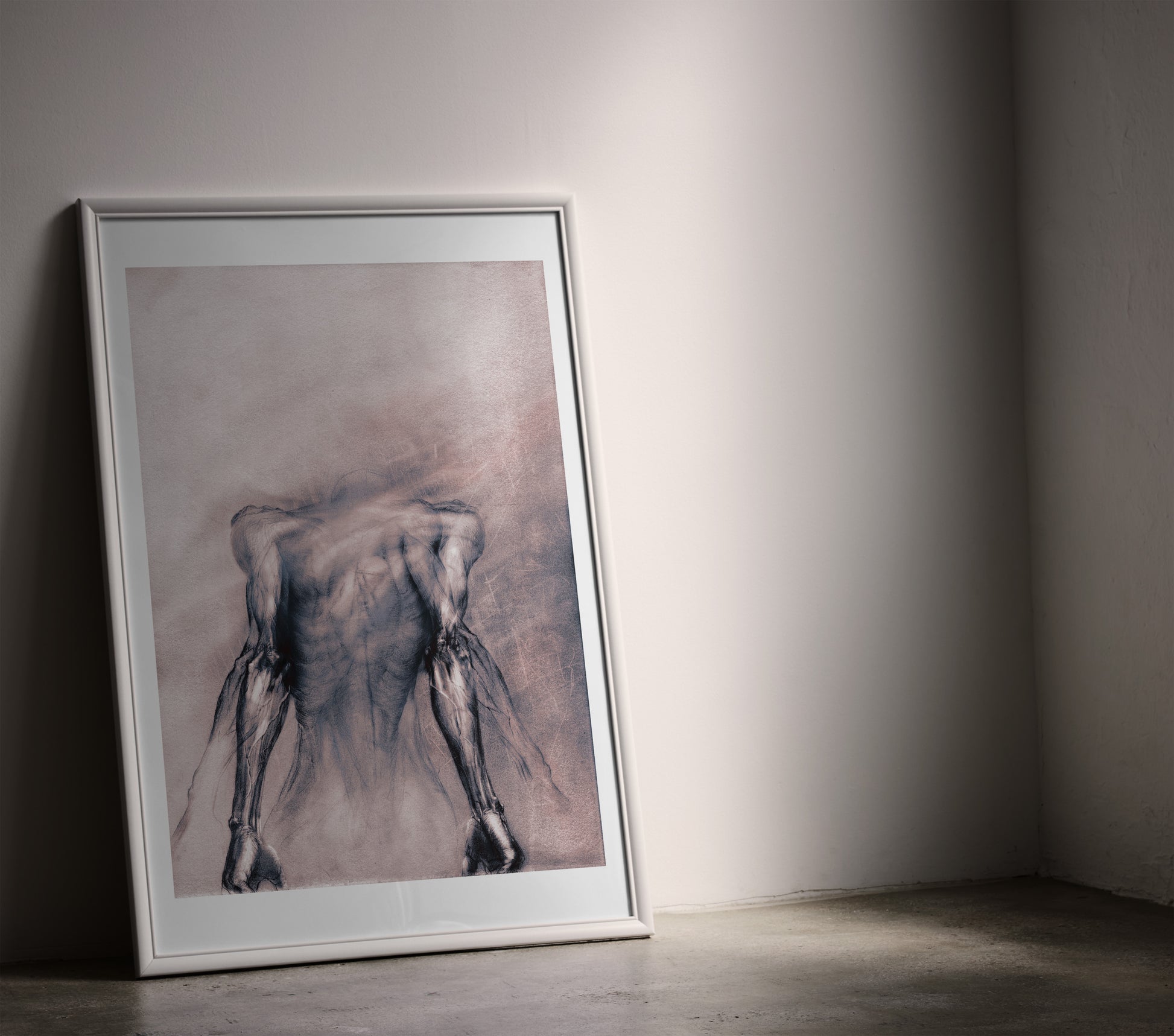 Large format human anatomy drawing framed on wall, expressive figure drawing print 50x70