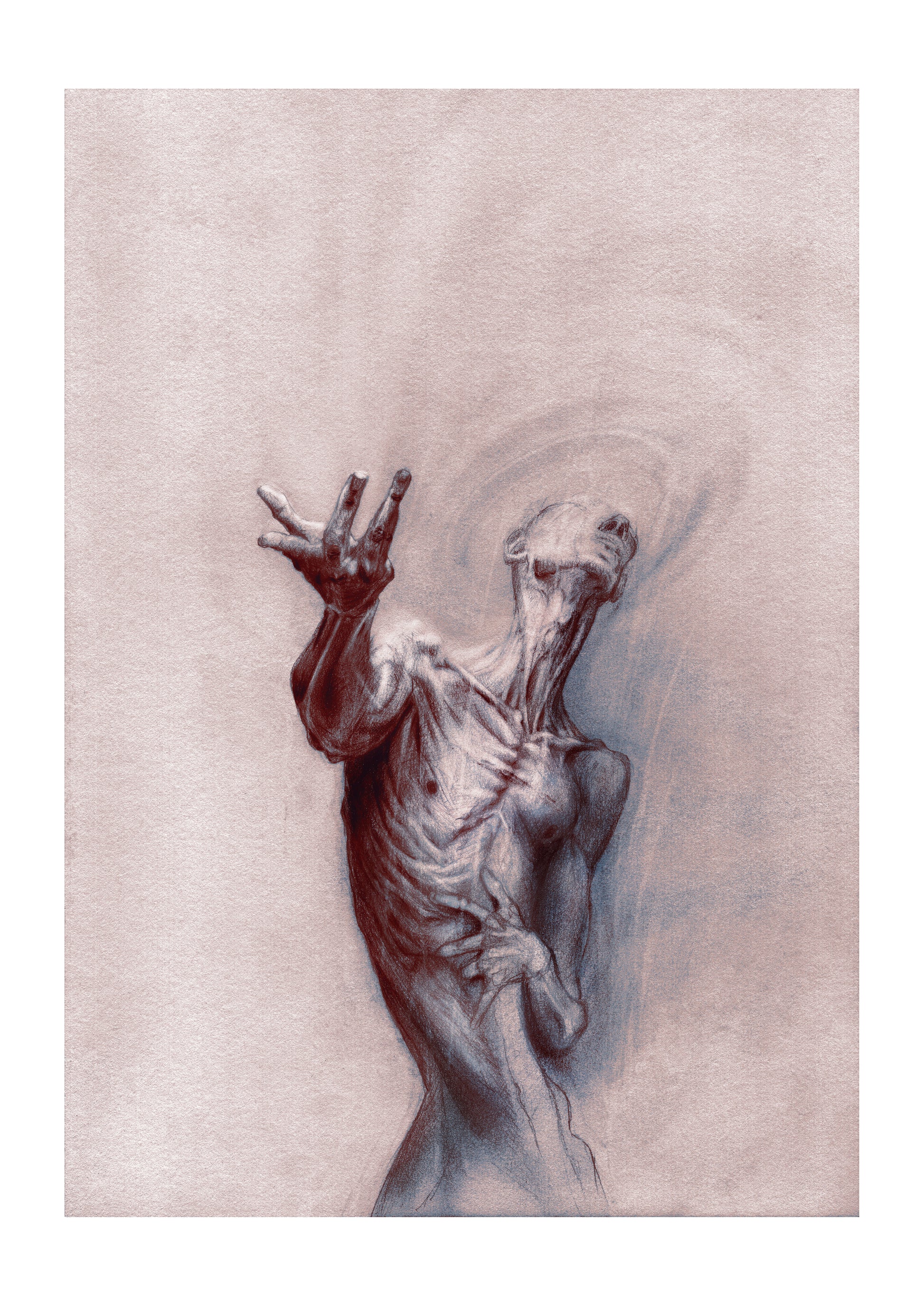 Expressive anatomy drawing of a dissolving figure reaching upward, psychological art print