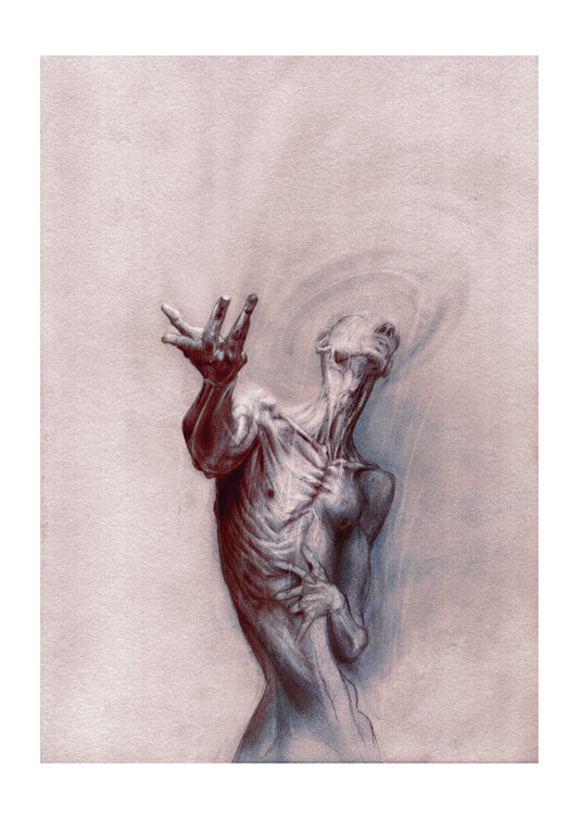 Expressive anatomy drawing of a dissolving figure reaching upward, psychological art print
