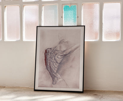 Oversized expressive figure drawing in black frame on wall, anatomy art print 50x70
