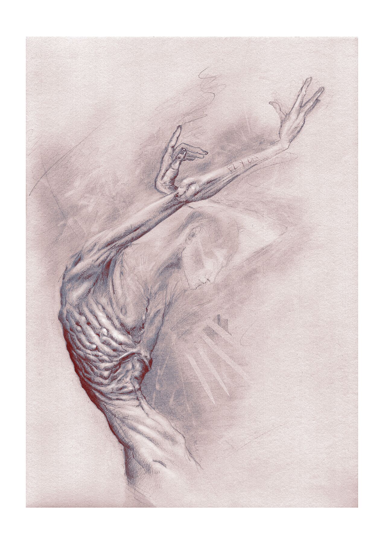 Expressive figure drawing of a reaching figure, graphite anatomy art print A3