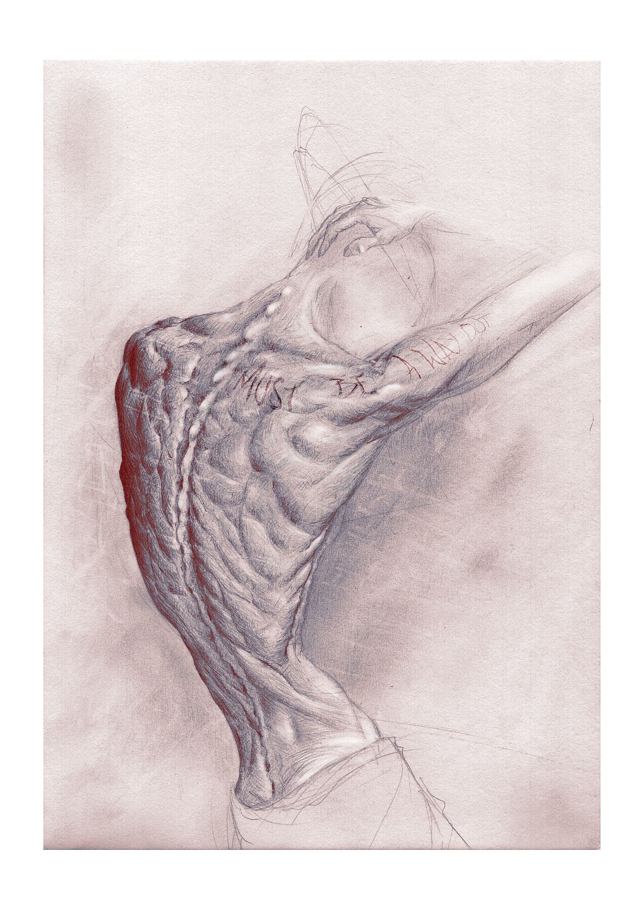 Expressive figure drawing of a body arching backward, human anatomy art print