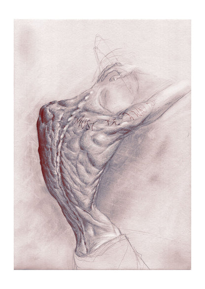 Expressive figure drawing of a body arching backward, human anatomy art print